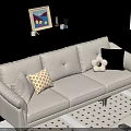 White Modern Sofa And Coffee Table Set With Throw Pillows And Checkered Rug 3d model