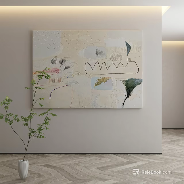 Abstract Wall Art Painting With Decorative Plant In Modern Living Space 3d model