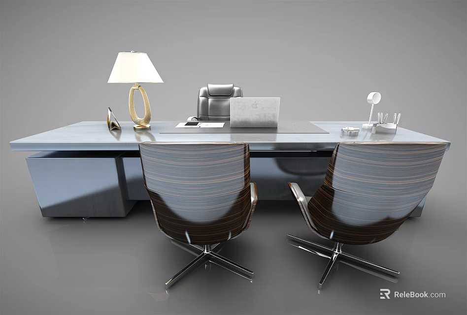 Modern Office Desk Setup With Ergonomic Chairs Table Lamp Documents And Glasses 3d model 