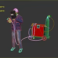 Worker in Blue Uniform and Safety Helmet Using Welding Machine with Green Gas Cylinder