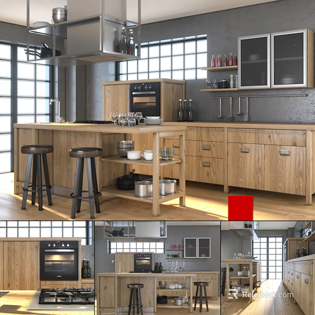 Modern Open Kitchen Interior Design With Wooden Cabinets Island Counter And Appliances 3d model 