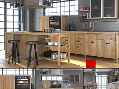 Modern Open Kitchen Interior Design With Wooden Cabinets Island Counter And Appliances 3d model
