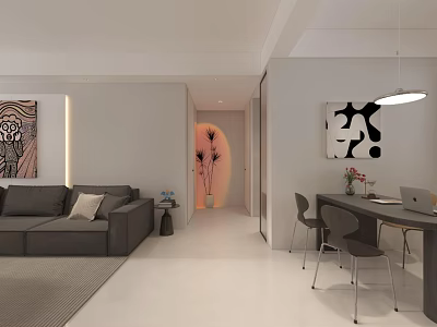 Modern Living And Dining Room With Gray Sofa Abstract Artwork Dining Table And Pendant Light 3d model