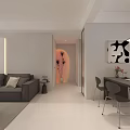 Modern Living And Dining Room With Gray Sofa Abstract Artwork Dining Table And Pendant Light