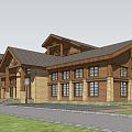 Modern Rustic Vacation Building With Wooden Stone Exterior Sloped Roof And Front Lawn Driveway
