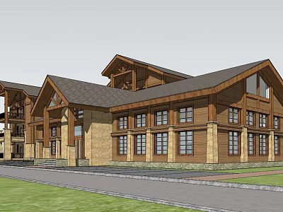 Modern Rustic Vacation Building With Wooden Stone Exterior Sloped Roof And Front Lawn Driveway 3d model