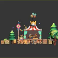 Playful Little Lion In Red White Circus Tent With Colorful Balloons Green Trees And Joyful Scene