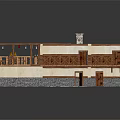 Cartoon Scene Of Wooden Interior With Tables Chairs Railings Stone Floor And Decorative Plants