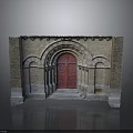 Classical Architectural Structure With Arched Red Door Brick Walls Decorative Columns And Stone Details