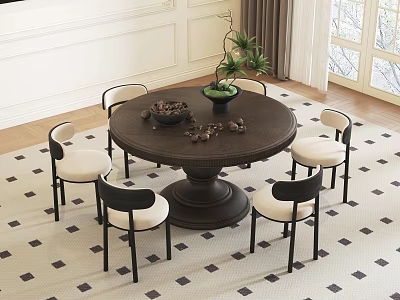 Round Dining Table Set with Black Frame White Seat Chairs Green Plant and Diamond Rug 3d model