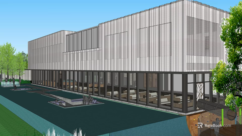 Modern Sales Office Building Exterior Design With Large Glass Windows Courtyard And Contemporary Facade 3d model 
