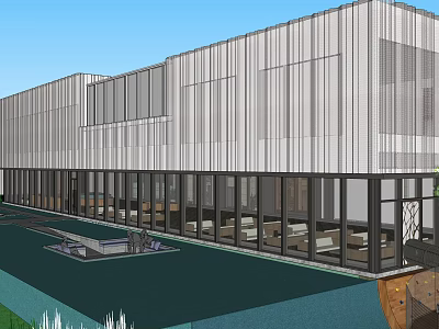 Modern Sales Office Building Exterior Design With Large Glass Windows Courtyard And Contemporary Facade 3d model