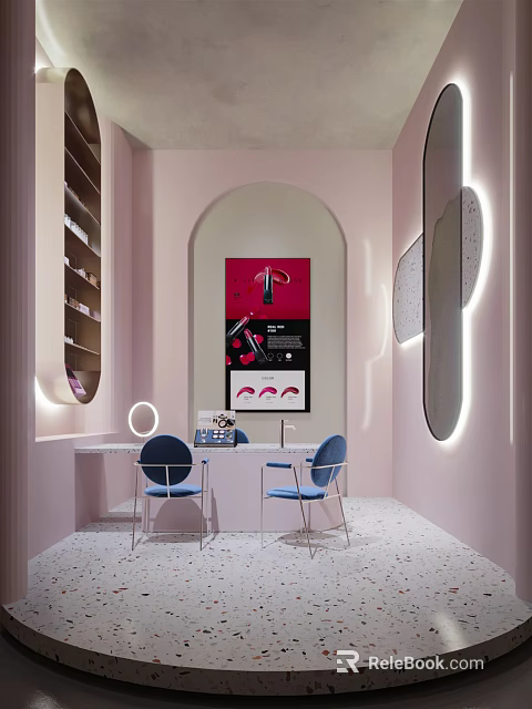 Elegant Modern Boutique Store Interior With Pink Walls Blue Chairs Counter And Decorative Poster 3d model 