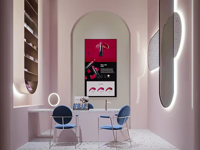 Elegant Modern Boutique Store Interior With Pink Walls Blue Chairs Counter And Decorative Poster 3d model