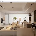 Modern Dining Living Room Interior Design With Beige Sofa Dining Table Chairs And Decorative Plants