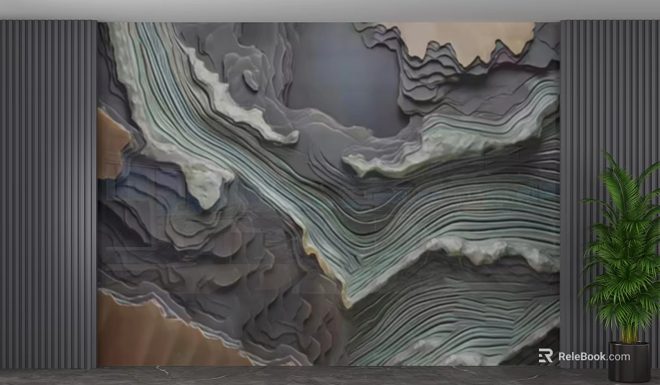 3D Layered Background Wall With Wavy Texture In Gray Blue And Brown Tones 3d model 