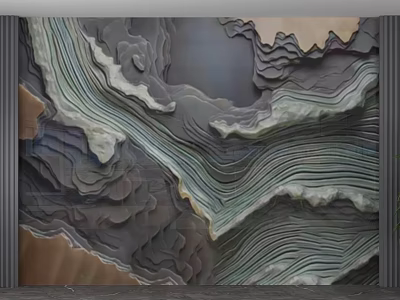 3D Layered Background Wall With Wavy Texture In Gray Blue And Brown Tones 3d model