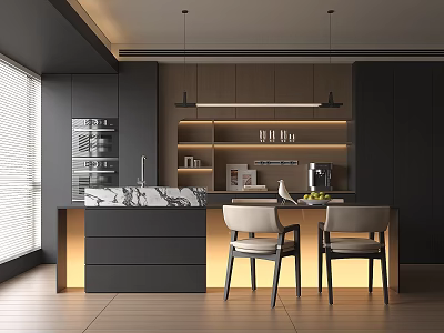Modern Restaurant Open Kitchen Design With Marble Island Counter And Chairs 3d model