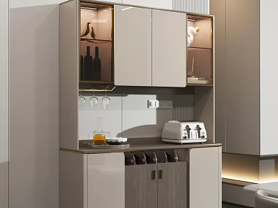 Modern Home Sideboard with Glass Doors Wine Rack Coffee Machine and Decorative Items 3d model