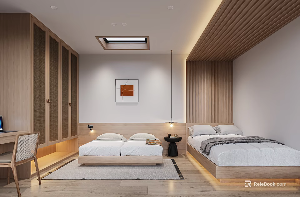 Minimalist Tatami Bedroom Interior Design With Wooden Slat Walls Built in Cabinets And Soft Lighting 3d model 