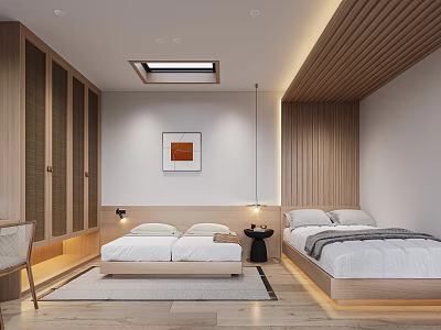 Minimalist Tatami Bedroom Interior Design With Wooden Slat Walls Built in Cabinets And Soft Lighting 3d model