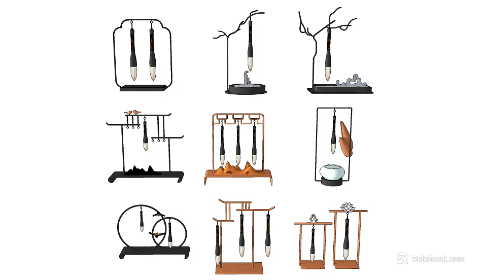 Traditional Chinese Brush Pens Design With Various Holder Styles And Decorative Elements 3d model 