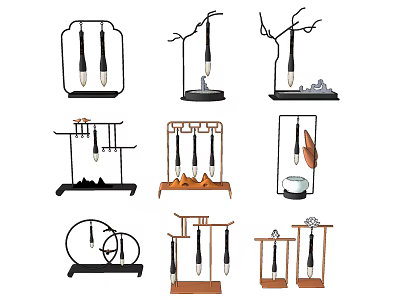 Traditional Chinese Brush Pens Design With Various Holder Styles And Decorative Elements 3d model