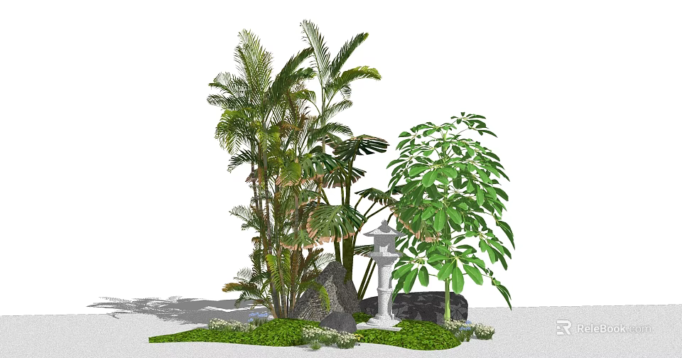 Garden Decor With Palm Trees Broad Leaved Plants Stone Lantern And Green Grass 3d model 