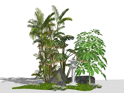 Garden Decor With Palm Trees Broad Leaved Plants Stone Lantern And Green Grass 3d model