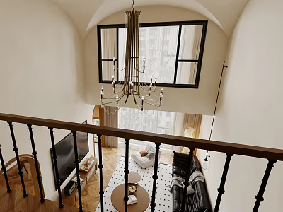 Loft Living Room With Chandelier Large Windows And Sofa 3d model
