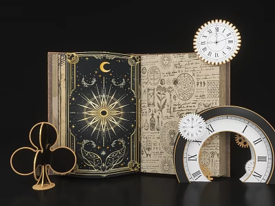 Vintage Open Book Photo Check In Spot with Moon Sun Pattern Gears Clocks Clover Decor 3d model