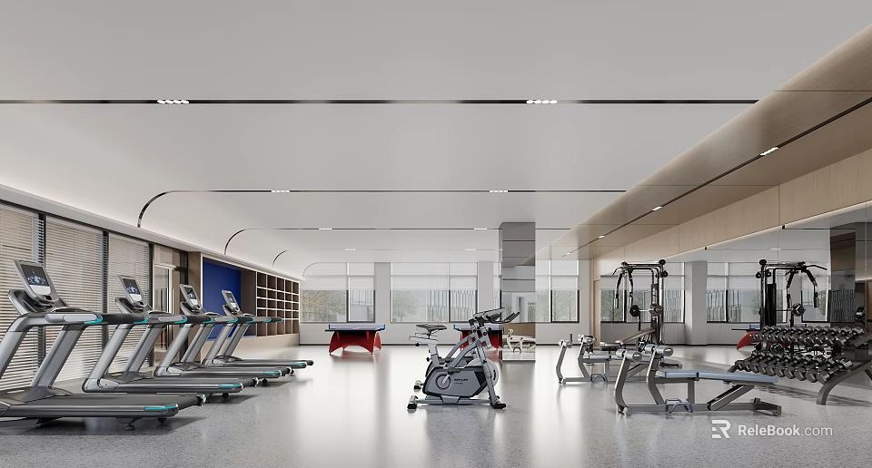 Spacious Bright Fitness Gym With Treadmills Exercise Bikes Strength Equipment And Ping Pong Table 3d model 