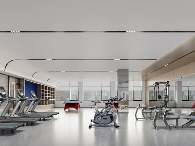 Spacious Bright Fitness Gym With Treadmills Exercise Bikes Strength Equipment And Ping Pong Table 3d model