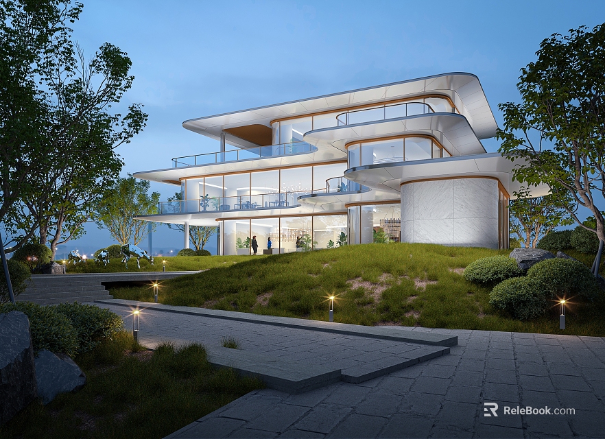 Modern Detached Villa Featuring Large Glass Walls Landscaped Garden Stone Pathway And Outdoor Lighting 3d model 