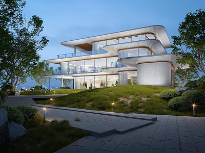 Modern Detached Villa Featuring Large Glass Walls Landscaped Garden Stone Pathway And Outdoor Lighting 3d model
