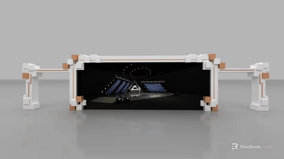 Modern Event Entrance With White And Brown Frame Black Background Geometric Patterns Lighting Effects 3d model