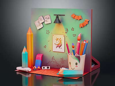 Vibrant Cartoon Craft Scene With Colorful Crayons Smiley Pen Holder Unicorn Drawing And Star Stickers 3d model