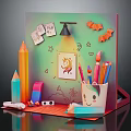 Vibrant Cartoon Craft Scene With Colorful Crayons Smiley Pen Holder Unicorn Drawing And Star Stickers
