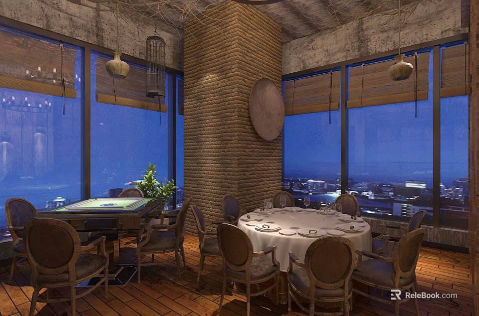 Modern Private Dining Room Interior With Large Windows Night View Round Table And Woven Column 3d model 