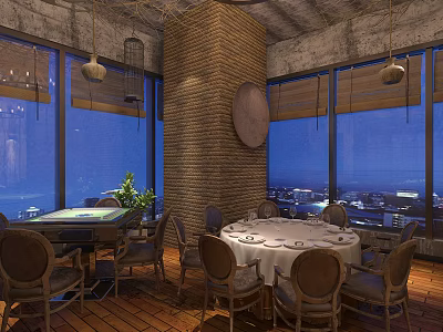Modern Private Dining Room Interior With Large Windows Night View Round Table And Woven Column 3d model