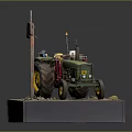 Vintage Green Tractor Model with No Parking Sign on Display Platform and Small Stones