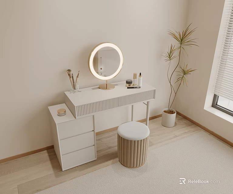 Modern White Dressing Table With Lighted Round Mirror And Round Stool 3d model