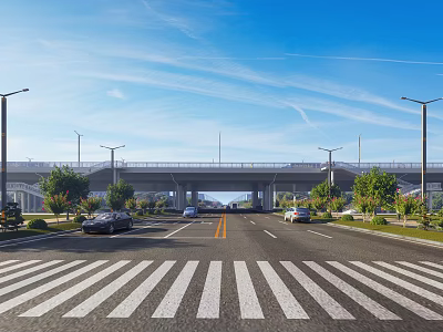 Modern Municipal Road With Two Way Lanes Street Lights Green Belts Vehicles And Overpass 3d model