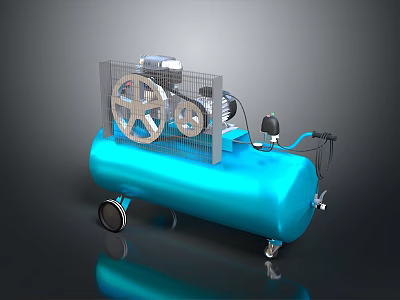 Blue Air Compressor With Air Tank Metal Grille Gears Motor Pressure Gauge And Air Hose 3d model