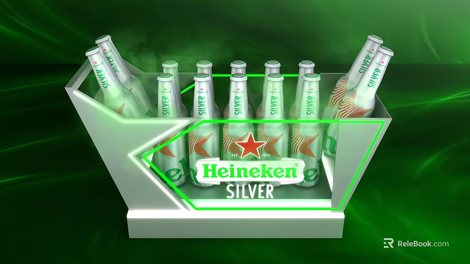 Heineken Silver Beer Bottles Arranged In Illuminated Green Display Rack 3d model 