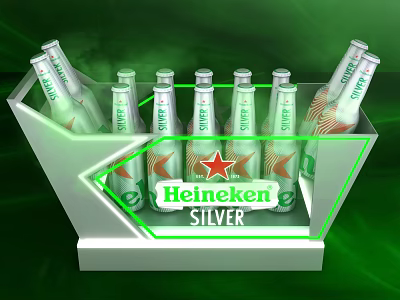 Heineken Silver Beer Bottles Arranged In Illuminated Green Display Rack 3d model