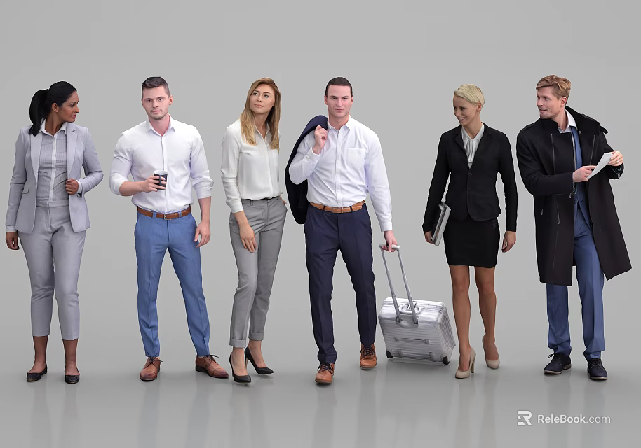 Group of Diverse Business People Walking Together With Luggage In Professional Attire 3d model 