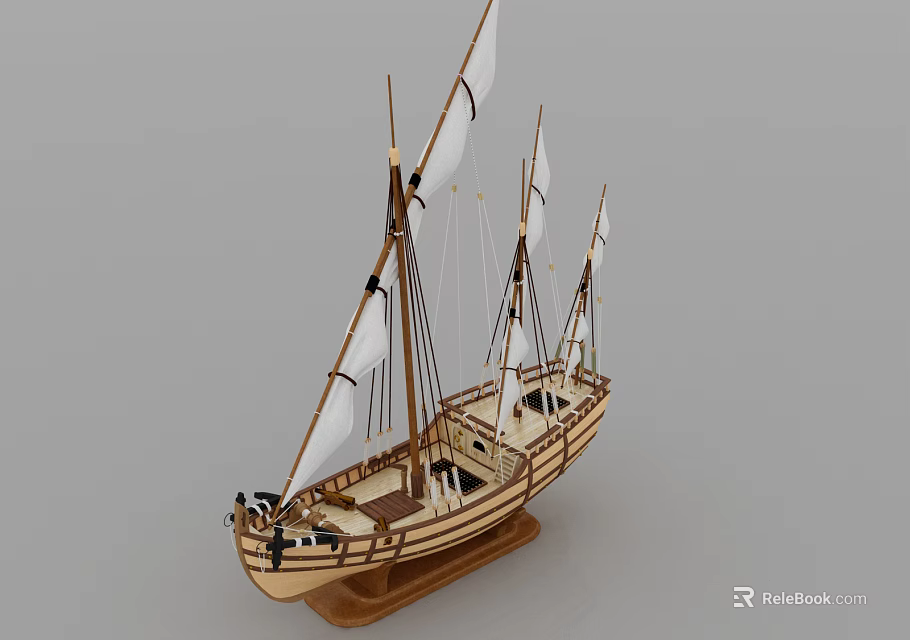 Handmade Wooden Ship Model With White Sails Masts And Wooden Base Stand 3d model 
