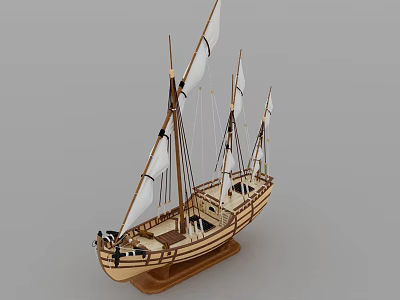 Handmade Wooden Ship Model With White Sails Masts And Wooden Base Stand 3d model