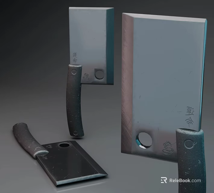 Essential Kitchen Knives With Black Handles And Characters On Sharp Blades 3d model